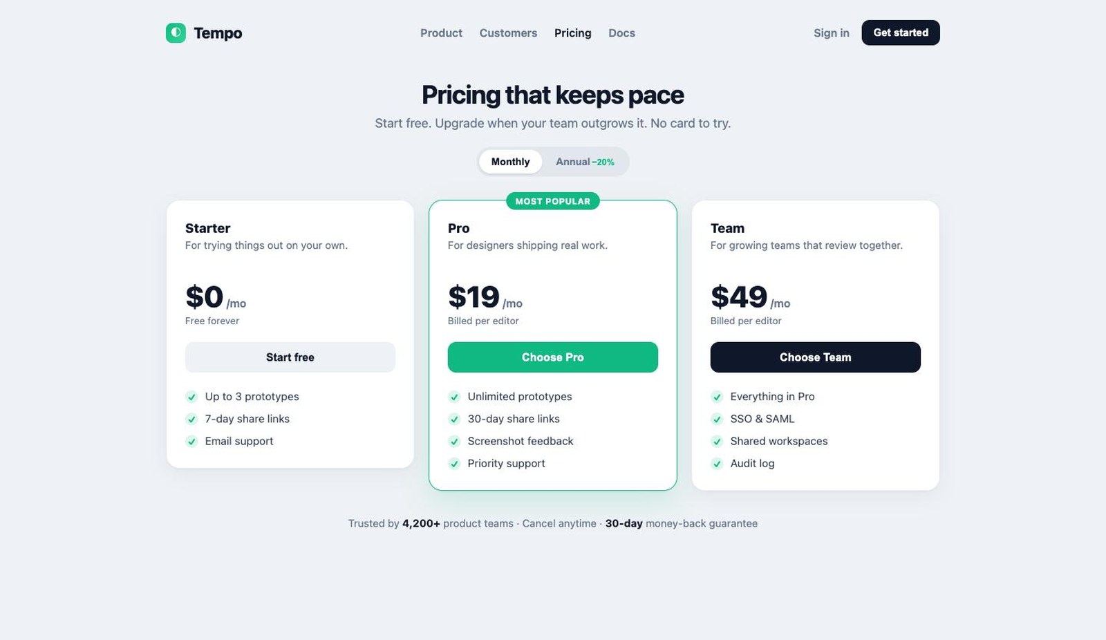 The Tempo pricing-page prototype